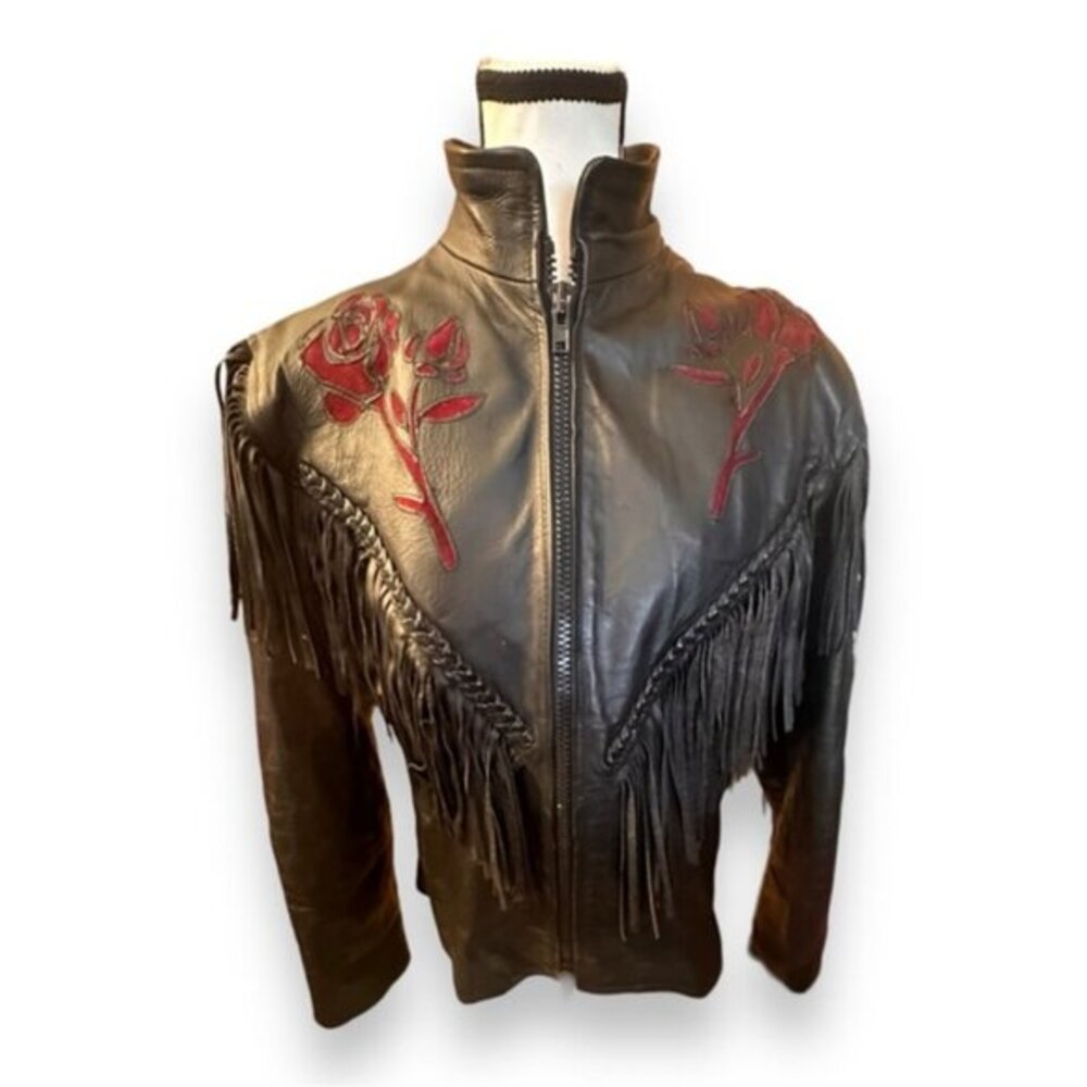 Vintage Women’s 1X Black Leather Moto Jacket Western Fringe Suede Inset Roses